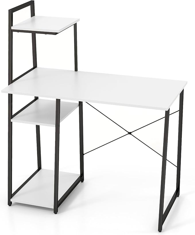 Tangkula Computer Desk with Shelves Space Saving Home Office Desk with 3-Tier Ladder Shaped Storage Bookshelf Modern Writing Study Desk with Metal Frame Compact Computer Workstation (White)