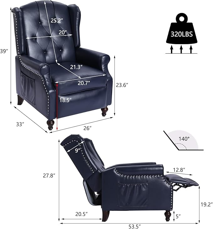 Wingback Recliner Chair with Massage and Heat Tufted PU Leather Push Back Recliner Chair for Living Room Leather Wing Back Chair with Remote Control Padded Cushion Backrest Wooden Legs