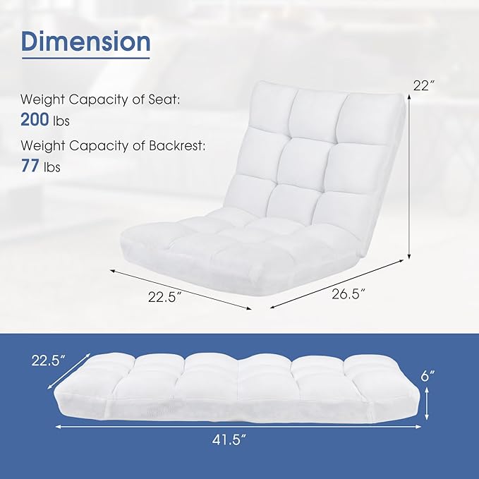 Moccha 14-Position Floor Sofa Folding Sofa Chair with Back Support Memory Foam Floor Gaming Chairs for Adults Adjustable Padded Couch Recliner Chaise Lounge for Reading Meditating (White)