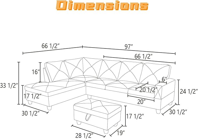 FONTOI L Shaped Sectional Couch with Otttoman 97 Leather Sectional Sofa for Living Room Modular Couches with Cup Holders for Bedroom Apartments Black