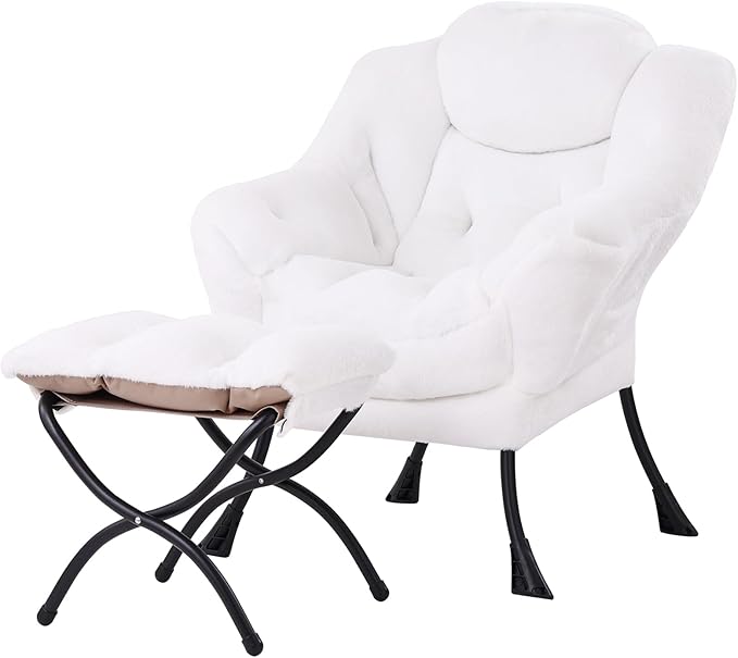 Tiita Lazy Chair with Ottoman White Modern Large Accent Chair Comfy Leisure Sofa Armchair with Ottoman Reading Chair with Footrest for Bedroom Living Room Dorm Rooms Plush White