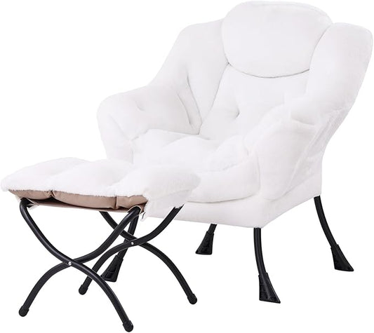 Tiita Lazy Chair with Ottoman White Modern Large Accent Chair Comfy Leisure Sofa Armchair with Ottoman Reading Chair with Footrest for Bedroom Living Room Dorm Rooms Plush White
