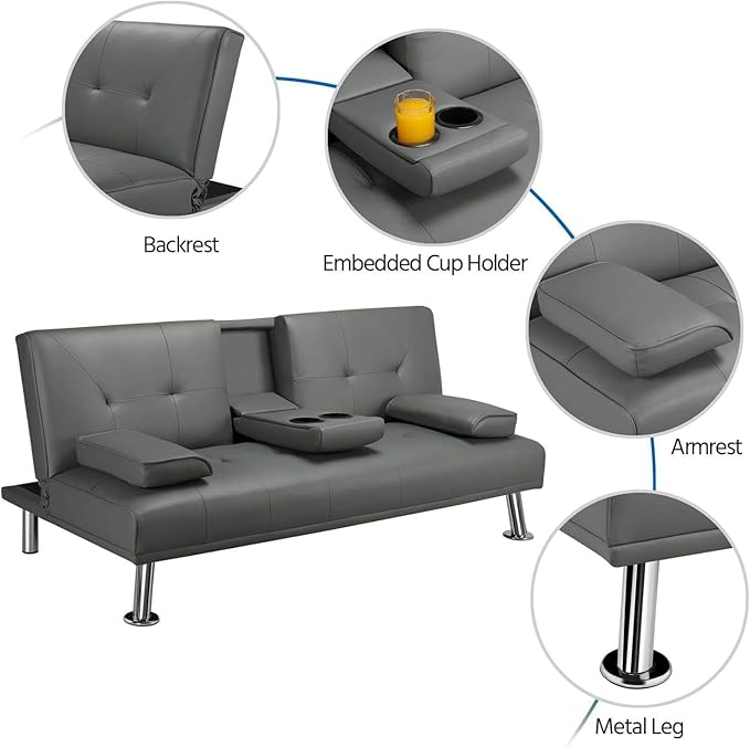 Futon Sofa Bed Modern Folding Couch for Small Space Faux Leather Convertible Loveseat Sleeper Bed Daybed Recliner Lounge Sofas for Living Room2 Cup HoldersMetal LegsRemovable Armrests (Gray)