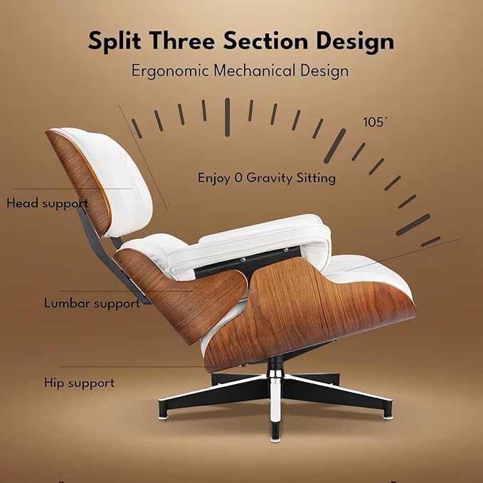 Mid Century Chaise Lounge Chair and Ottoman Reading Chair Leather Accent Chair Modern Chair Classic Design Heavy Duty Base Support for Living Room (Walnut-White Upgraded)