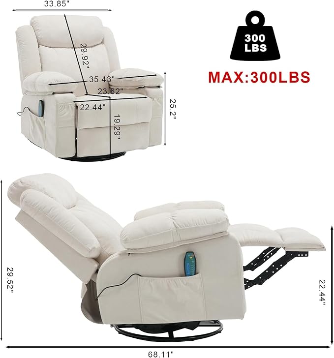 Swivel Rocker Massage Recliner Chair with Heat Overstuffed Fabric Rocking Recliners Single Sofa for Adult Manual Reclining Recliners Home Theater Lounge Chairs for Living RoomWhite