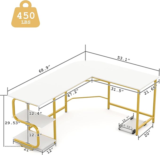Teraves Reversible L Shaped Desk with Large Surface 69 Inch Sturdy Corner Desk with Storage Shelves Premium Office Computer Desk Workstation for Home Office Gaming
