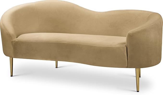 Meridian Furniture 659Camel-L Ritz Collection Modern | Contemporary Upholstered Loveseat with Rich Camel Velvet Gold Metal Legs Curved Contemporary Design 67 W x 31.75 D x 30.5 H Camel