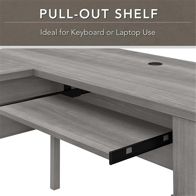 Pemberly Row 60W L Shaped Desk with Hutch Platinum Gray Finish Thermally Fused Laminate Storage Cabinet File Drawer Adjustable Shelves Home Office Desk for Computer and Organization