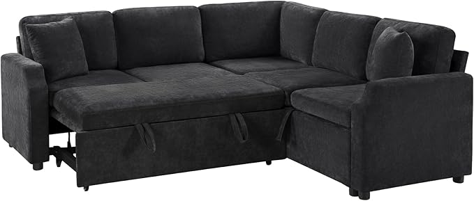 81.9 Sectional Sofa Bed L-Shaped Sectional with a Hidden Storage Compartment Versatile Pull-Out Sofa Bed with Cozy Throw Pillows for Living Room Apartments Offices (Black-04e)