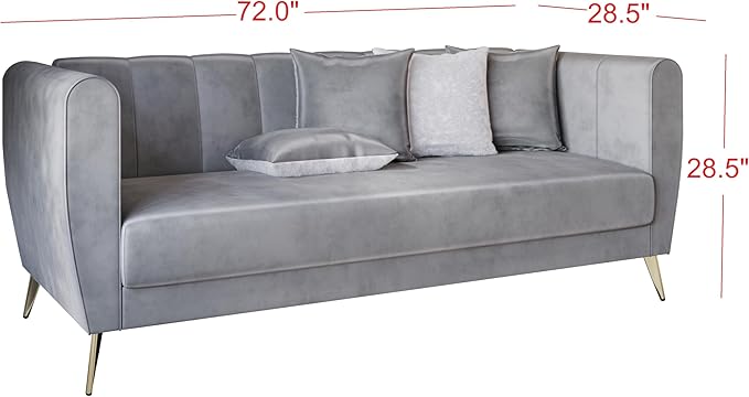 HOME DESIGN Scarlett Glam Velvet Flared Arm 3-Seater Sofa with Channel Tufting 4 Throw Pillows Gold Metal Legs Pink