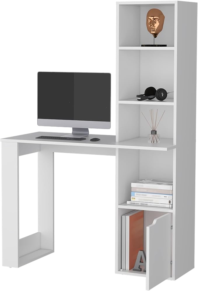 Penau Stylish White Office Desk with Integrated Bookcase Lower Cabinet for Storage Durable Particle Board Construction 58.27 Inches Height 38.78 Inches Width