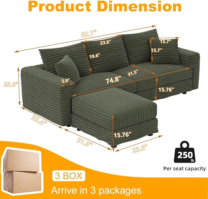 Cloud L Shaped Couch Modular Sectional Sofa 3 Seater Corduroy Cloud Sofa Couch with Ottoman 82.7'' Oversized Chaise Lounge Sleeper Sofas Deep Seat Sectional Couches for Living Room Green