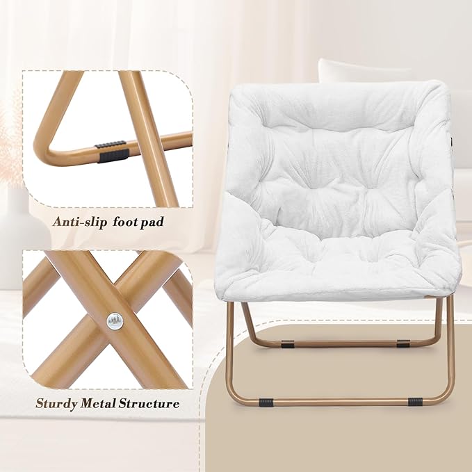 Athena Collection Comfy Saucer Chair and Ottoman Set of 2 for Adult Comfortable Faux Fur Square Oversize Folding Reading Chair with Metal Leg Lazy and Cozy for Bedroom Living Room White