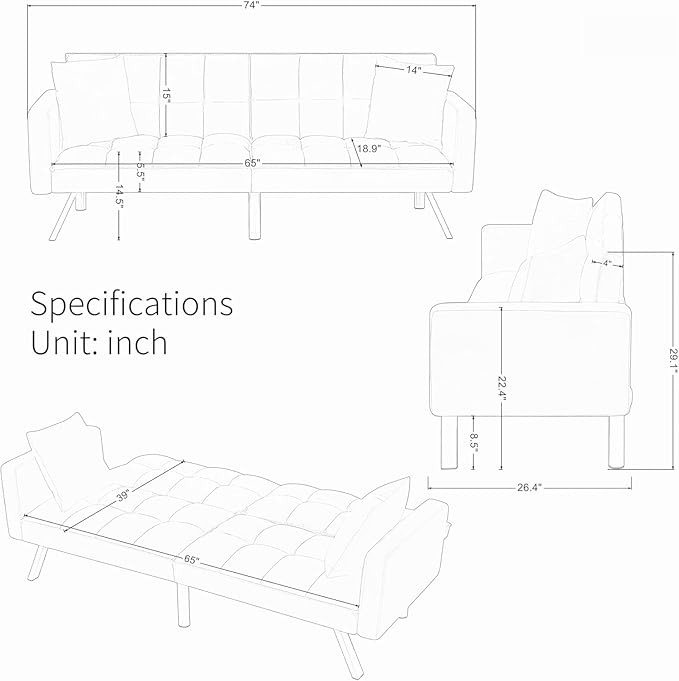 Convertible Futon Sofa Bed 74 Inch Sleeper Couch Bed with Velvet Upholstery Sofa Couch with Adjustable Backrest Pillows Square Tufted Design for Living Room Home Office Black
