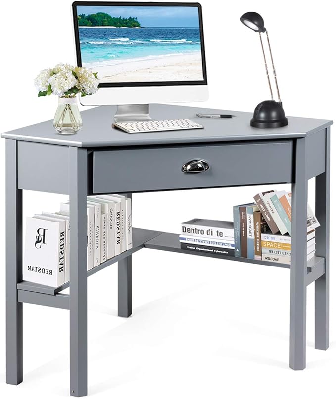 Tangkula Corner Desk Corner Computer Desk with Drawer for Small Space Small Corner Makeup Vanity Desk 90 Degrees Triangle Corner Desk with Storage Shelves (Grey)