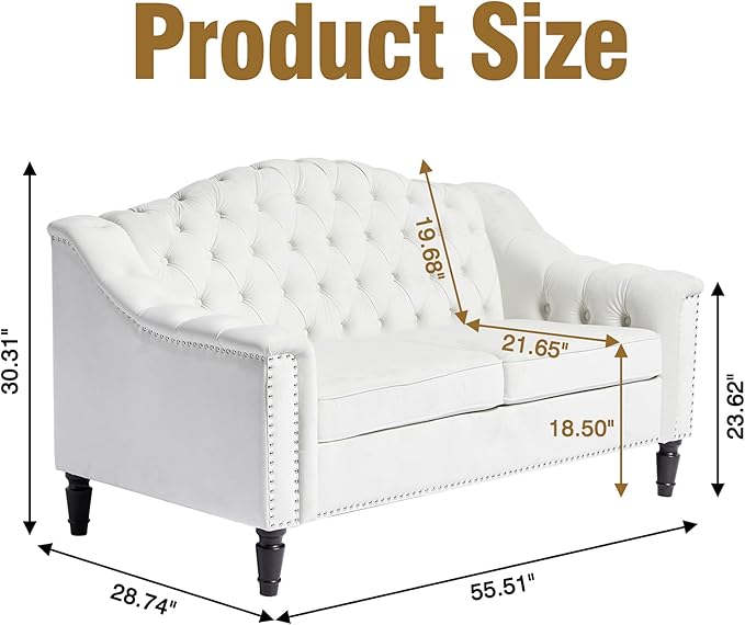 LEVNARY Chesterfield Loveseat Velvet Upholstered Sofa with Button-Tufted Back Mid-Century Modern Sofa with Solid Wood Legs 2 Seater Couches for Living Room (White)