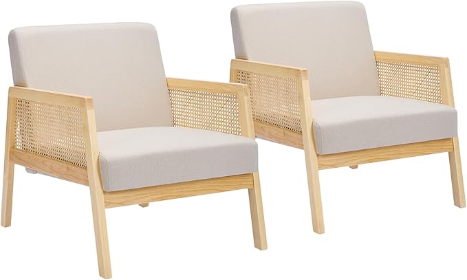 GarveeHome Mid-Century Farmhouse Accent Chair - Wood Armchair with Rattan Backrest &amp Linen Cushion for Living Room Bedroom - Beige Easy Assembly (1 White-A)