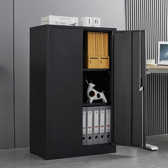 Metal Storage Cabinet with Lock 2-Door Folding File Cabinet with Adjustable Shelf 42 Heavy-Duty Storage Locker for Home Office School Garage (Black)