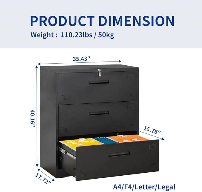 Generic 3 Drawer Lateral Filing Cabinet for LegalLetter A4 Size Large Deep Drawers Locked by Keys Locking Wide File Cabinet for Home Office Metal Steel Black