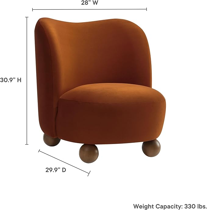 Modway Monroe Performance Velvet Accent Chair in Rust Walnut - Upholstered Stain-Resistant Barrel Chair - Comfy Lounge Chair - Oversized Round Armless Reading Chair for Living Room