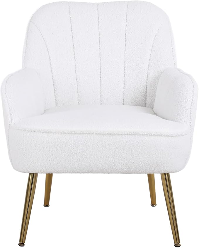 Modern Soft White Teddy Fabric Ivory Ergonomics Accent Chair Living Room Chair Bedroom Chair Home Chair with Gold Legs and Adjustable Legs for Indoor Home