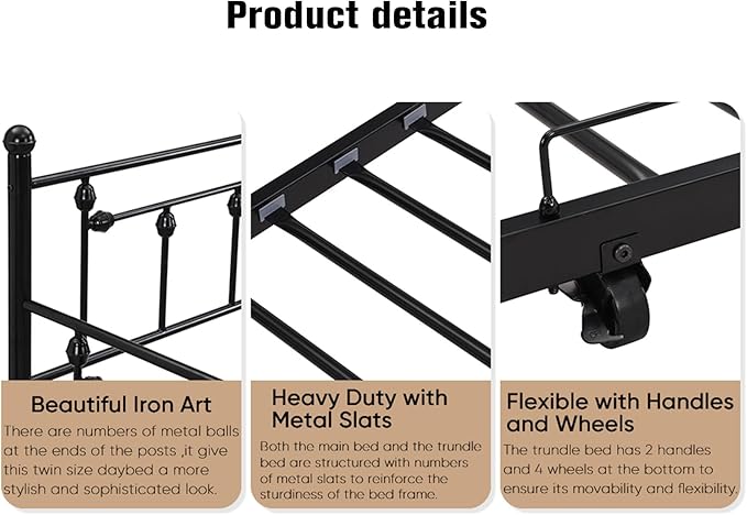 Convertible Modern Twin Size Metal Daybed Couch Pull Out Trundle Sofa Bed 2 in 1 Convertible Sleeper Daybed Sofa Bed Frame for Bedroom Living Room Guest Room Office Black One Size