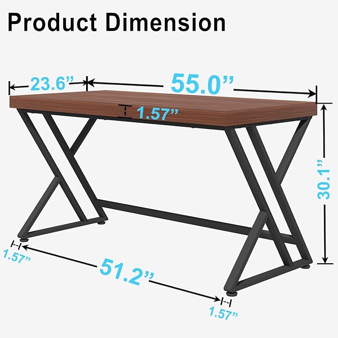LVB Wood Computer Desk Rustic Executive Home Office Desk for Bedroom Industrial Metal Wooden Computer Table for Study Writing Work Modern PC Student Simple Gaming Desk with Storage 55 Inch Walnut