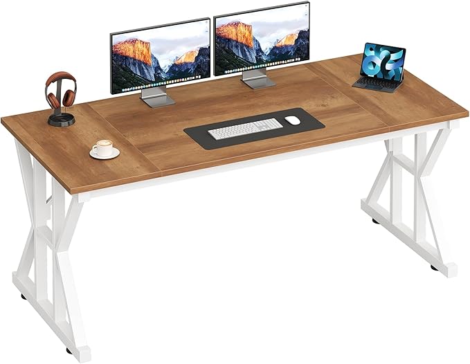 TVU Computer Desk 55 inch Large Office Desk Study Writing Table with Thicken Frame Gaming Desk Modern Simple Desk for Home Office Brown