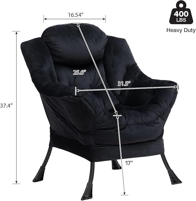 HollyHOME Lazy Chair with Armrest and Side Pocket Comfy Accent Lounge ChairLeisure Sofa Armchair for Living Room Bedroom Dorm or Small Spaces Oversized Reading Sofa ChairVelvet Black