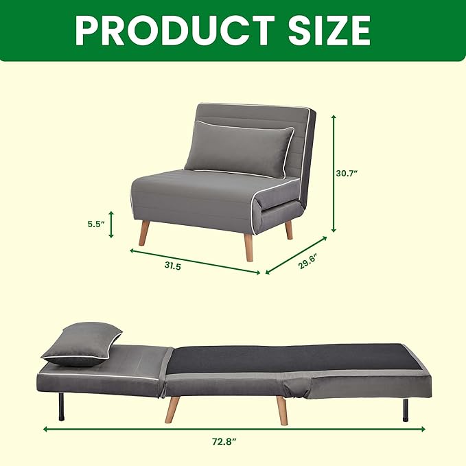 3-in-1 Convertible Sofa Bed Futon Sofa Bed with Pillow &amp Adjustable Backrest Recliner Sleeper Sofa for Small Spaces Living Room Bedroom or Office Grey 3 Set