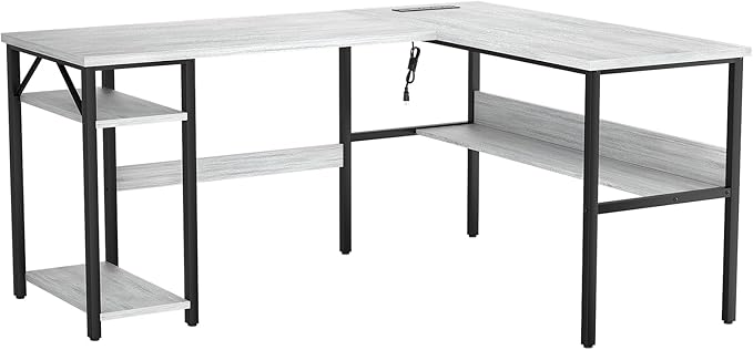 Unikito L Shaped Computer Desk with Magic Power Outlets and USB Charging Ports Sturdy Reversible Corner Desk with Storage Shelves Modern Work Desk for Home Office Easy to Assemble White Oak