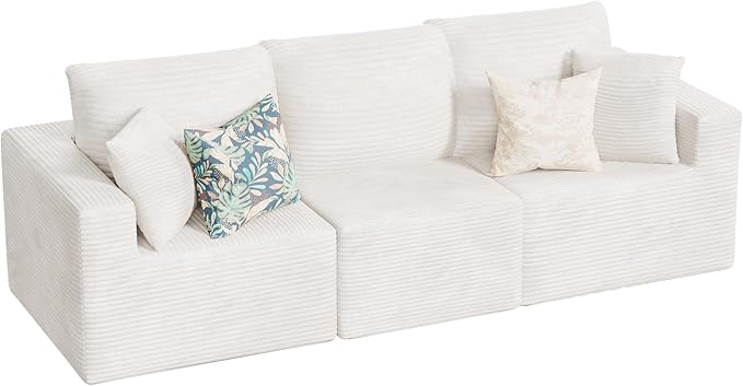 JUMMICO Boneless Couch with Deep Seat and Ottoman Modular Sectional Sofa with Body Support Corduroy Couches for Living Room Apartments Bedroom No Assembly Required (Beige Three Seater)