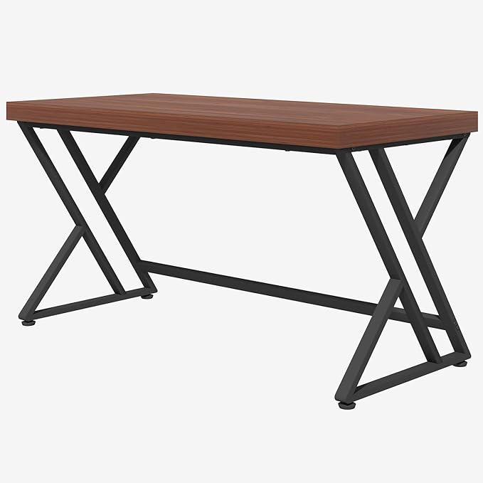 LVB Wood Computer Desk Rustic Executive Home Office Desk for Bedroom Industrial Metal Wooden Computer Table for Study Writing Work Modern PC Student Simple Gaming Desk with Storage 55 Inch Walnut