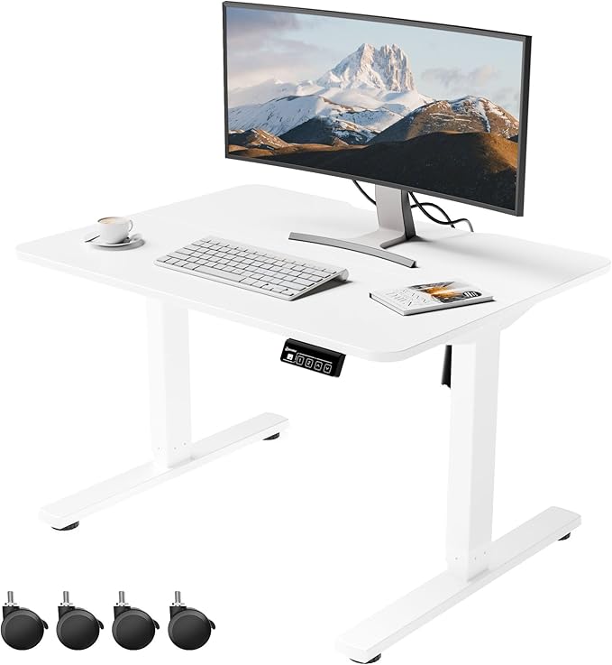 ERGOMAKER Low Height Adjustable Desk with Lockable Wheels Lifts 18.9-29.5 31.5 x 23.6 Electric Small Standing Desk with Splice Board for Home Office &amp Short People(White Frame White Desktop