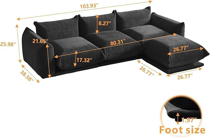 JACH 103 L-Shaped Sectional Couch Minimalist Chenille Modular Sofas Couches Mid-Century Sofa Sectionals with Reversible Chaise Ottoman for Living Room Office Apartment Black