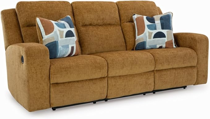 Signature Design by Ashley Kanlow Contemporary Manual Reclining Sofa with 2 Accent Pillows Light Brown