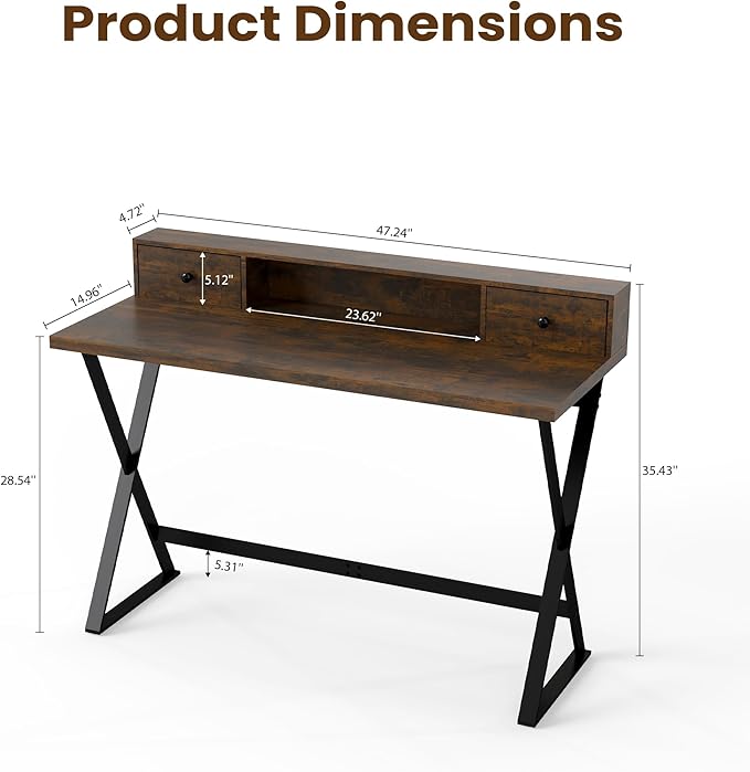 Manora Computer Desk with Drawers and Monitor Stand 47 Home Office Desk with Storage Shelf Rustic Brown Writing Study Table with Metal Frame for Bedroom Workstation for Laptop PC