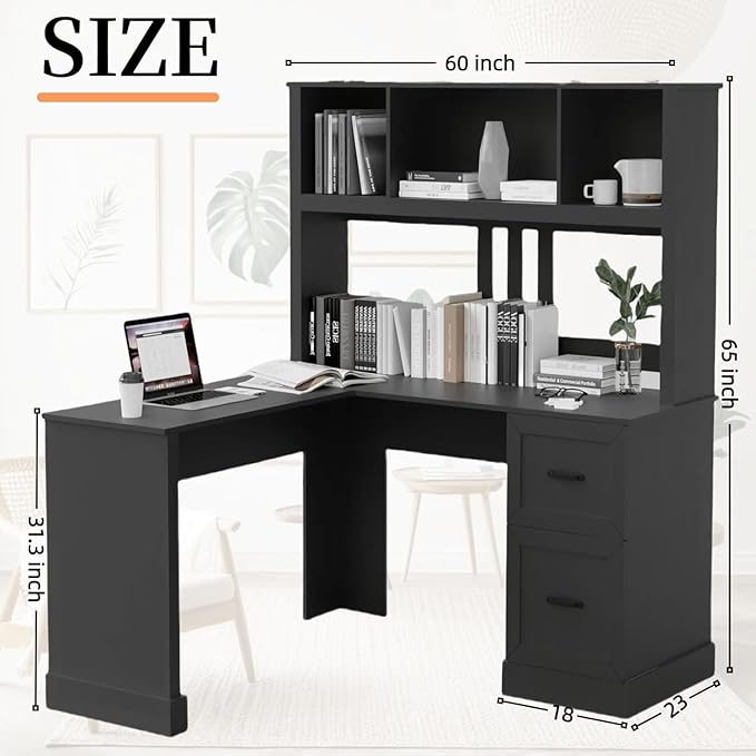WERSMT L Shaped Computer Desk with Drawers Corner Desk Large Storage Gaming Desk Home Office Desks with Bookshelf Easy to Assemble Black