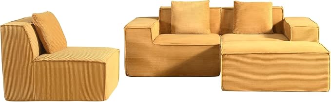 Harper Convertible Corduroy Sectional Couch with Ottoman &amp Pillows Modular L Shaped Sleeper Sofa Boneless Cloud Couch for Living Room Furniture Ginger Yellow
