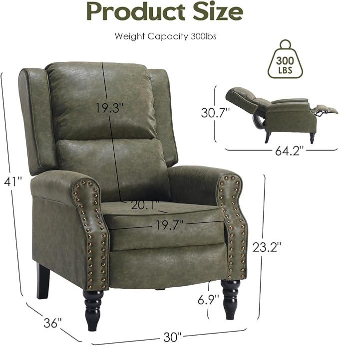 Leather Recliner Chair Pushback Recliner Chair with Adjustable Backrest Footrest Mid-Century Modern Living Room Reclining Chairs with Lumbar Support for Reading Bedroom (Dark Green)