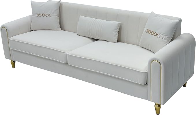 Modern 3-Seaters Velvet Sofa Upholstered Couch with Pillows and Gold Metal Legs for Living Room Office Apartment (Cream White)
