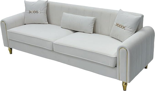 Modern 3-Seaters Velvet Sofa Upholstered Couch with Pillows and Gold Metal Legs for Living Room Office Apartment (Cream White)