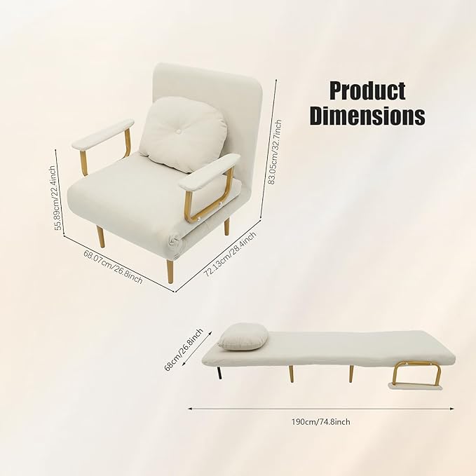Convertible Sleeper Sofa Bed 3 in 1 Multi-Functional Sofa Chair Bed with 5 Position Adjustable Backrest Folding Sofa Bed Floor Single Chairs Fold Out Chair Beds for Living Room (Off-White)