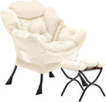 Lazy Chair with Folding Ottoman Accent Chair Velvet Upholstered with Metal Structure and Non-Slip Pads Sofa Armchair with Footrest and Side Storage Bag for Dorm Room Office Beige