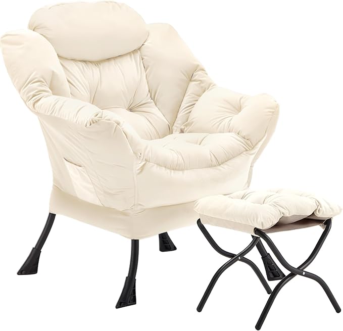 Lazy Chair with Folding Ottoman Accent Chair Velvet Upholstered with Metal Structure and Non-Slip Pads Sofa Armchair with Footrest and Side Storage Bag for Dorm Room Office Beige