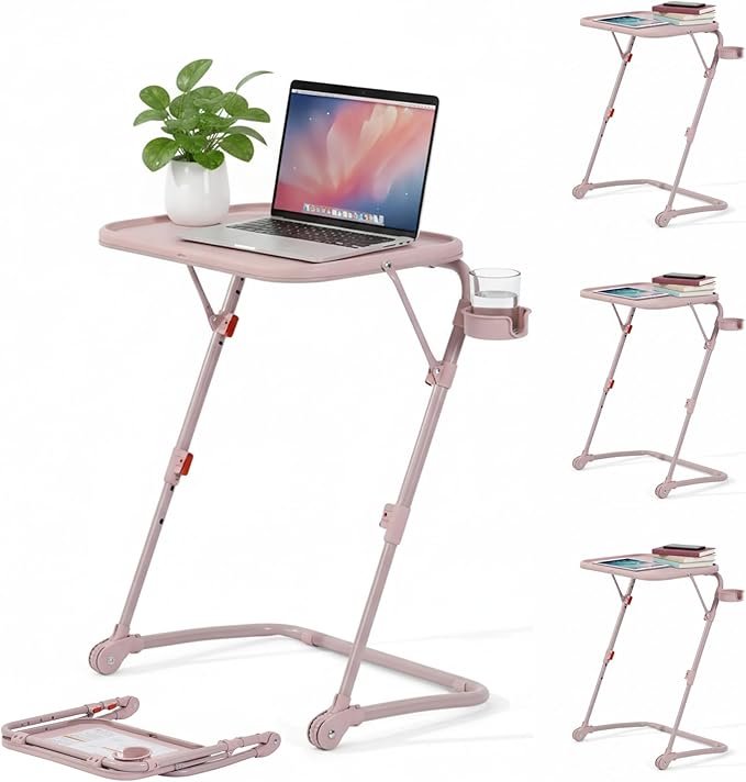 Homy Casa Adjustable Z Shaped Study Desk with Cup Holder Space Saving Portable Laptop Foldable Table for Home Office Living Room &amp Bedroom Sturdy Metal Frame &amp PP Top Black (4PCS-Pink)