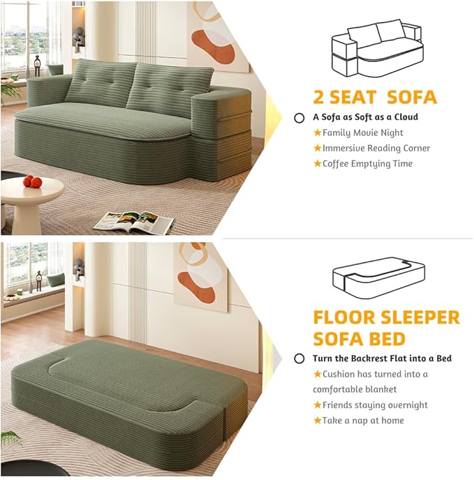 78.7 Convertible Foldable Sofa Bed with Functional Blanket and 2 Soft Pillows 2-in-1 Corduroy Fabric Loveseat Sofa Couch with Deep Seat Curved Sleeper Couch Bed for Living Room (Green)