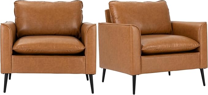 Okeysen Modern Leather Chair Set of 2 Oversized Armchair for Living Room Mid-Century Accent Reading Chair for Bedroom Comfy Upholstered Single Sofa for Waiting Room.