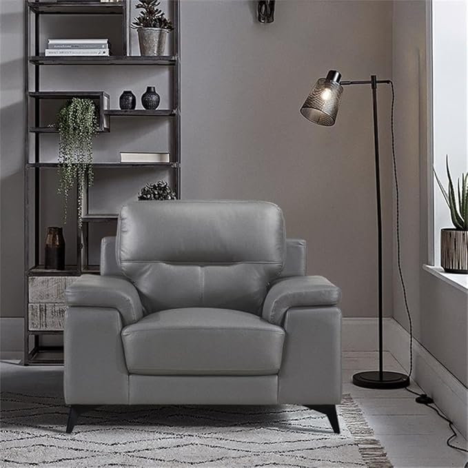 Pemberly Row Leather Upholstered Accent Chair 35 H x 43.75 W x 36 D Dark Gray Top Grain Leather Black Metal Legs Plush Foam Cushions Modern Design Living Room Seating
