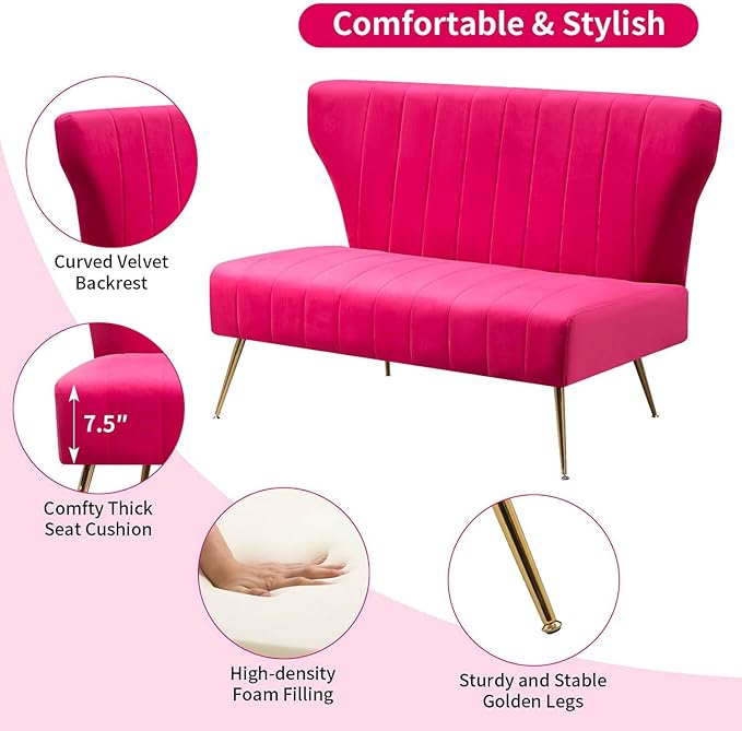 50’’ Velvet Modern Armless Loveseat for Living Room Bedroom Upholstered Small Wingback Couch Sofa with Gold Metal Legs &amp 2 Seater (Fuchsia 50 Loveseat)